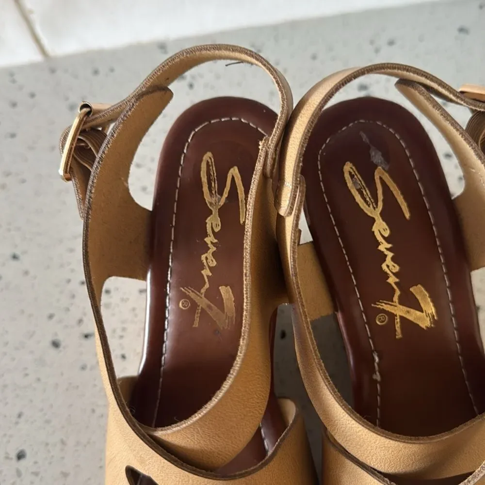 Seven7 Winnie Wedge Cork Natural Tan Vegan Leather Heeled Sandals Shoes size 9